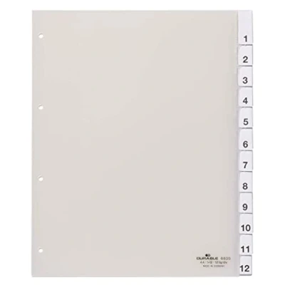 Image de Durable 683519 Intercalaires Format A4+ 12 Touches Numériques Onglets Soudés Et Insertions 1 Perforations 4 Trous Pvc Rigide Transparent