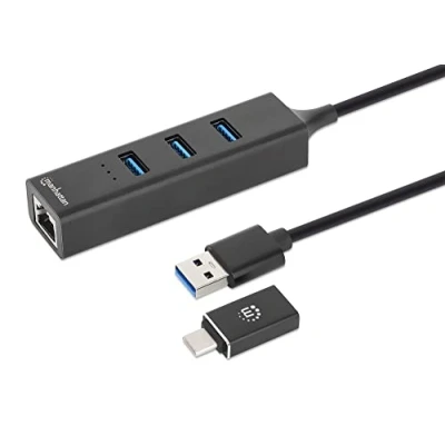 Image de MANHATTAN 180894 Hub USB 3.0 3 Ports Combo Type C/A avec Adaptateur Réseau Gigabit Noir