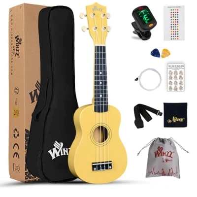 Image de Winzz Ukulélé Soprano Kit de Démarrage pour Débutants avec Étui Souple Accordeur Amovible Cordes Supplémentaires Sangle Plectre Autocollants Frette Carte d’accords Tissu Polissage Bébé Jaune