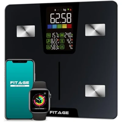 Image de FITAGE Balance Pese Personne Numérique, Connectée, Pèse fiable et précis, Graisse, Masse musculaire, IMC, poids, protéines, BMR plus Impédancemètre avec grand écran LED