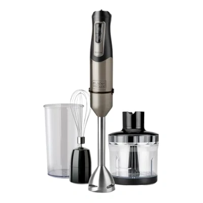 Image de BLACK+DECKER BXHBA1000E Mixeur plongeant multifonction 3 en 1 1000W, 20 vitesses + Turbo, anti éclaboussures, verre doseur, bol hachoir, fouet, noir et inox traces de doigts