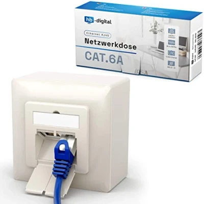 Image de hb digital 1 Prise réseau CAT 6a pour CAT.8, CAT.7, CAT.6A, CAT.6, CAT.5 avec 2 ports RJ45 de données universelle EIA/TIA 568A&amp;B 8P8C Gigabit Ethernet RAL9010 blanc pur
