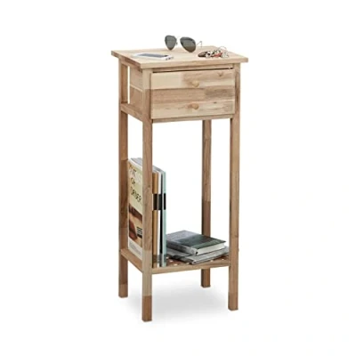 Image de Relaxdays 10021329 Table d’appoint noyer console téléphone avec tiroir et 2 surfaces HxlxP: 80 x 35 30 cm, nature