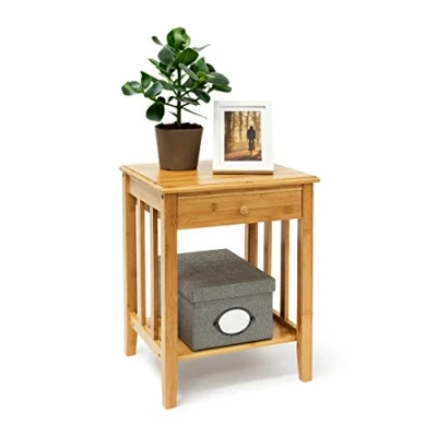 Image de Relaxdays Table d&#039;appoint en bambou avec tiroir : 51,5 x 40,5 30,5 cm, de chevet solide étagère inférieure bois naturel