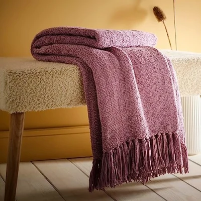 Image de Appletree Jeté de lit Violet chiné (130 x 180 cm) Chenille en Lin texturé Couverture tissée Tricot avec Pompons pour Salon et Chambre à Coucher