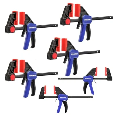 Image de WORKPRO Jeu de 6 Serre Joints à Libération Rapide, 4 Serres Joint Menuisier (Longeur : 150 mm, Portée 285 mm) et 2 Mini (Longeur: 240 mm), Force Serrage Maximale 68 kg 22,5