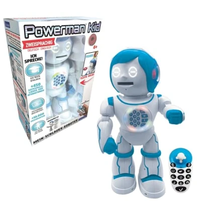 Image de Lexibook Animaux Powerman Kid Robot éducatif et bilingue Allemand/Anglais Jouet Chantant Qui Parle Dansant STEM programmable Création d&#039;histoires, ROB90DE, Blanc, Bleu Clair, Gris