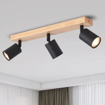 Image de ANWIO Plafonnier Spots, 3 Spots de Plafond LED Intérieurs Base GU10, Noirs avec Rectangulaire en Bois, Pivotant Plafonnier(Sans Ampoules).