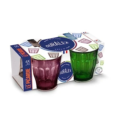 Image de Duralex Lot de 4 verres à boire fabriqués en France Picardie Taille 24 cl Couleurs mélangées : prune, vert, bleu marine, gris