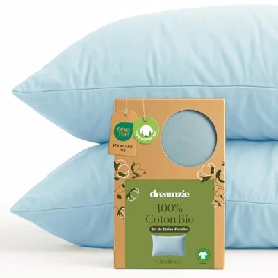 Image de Dreamzie 100% Coton Biologique Taie d&#039;oreiller 30x50 cm Bio Lot de 2 Bleu Oreiller Rectangulaire avec Fermeture Éclair Oeko Tex