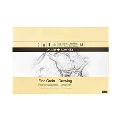 Image de Daler Rowney Bloc de papier à dessin grain fin légèrement texturé 120 g/m² A2, collé sur un côté, sans acide, 30 feuilles blanches, idéal pour les artistes professionnels