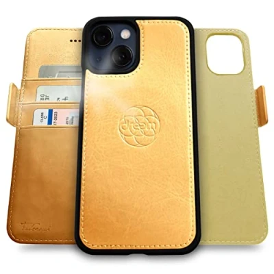 Image de dreem Fibonacci Compatible avec iPhone 13 funda cartera / 2 en 1 étui Antichoc et Folio Amovible Cuir végétal, MagSafe, Protection RFID [Or]