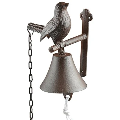 Image de Esschert Design Cloche de Porte en Fonte avec Oiseau et Cordon Serrage Blanc 12 x 14,2 18,5 cm