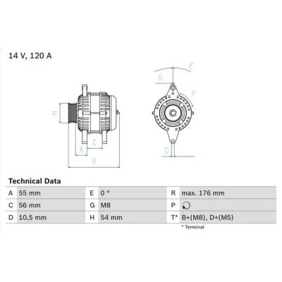 Image de BOSCH 0 986 046 150 Alternateur 14V 120A OPEL: Meriva A, Corsa C 3/5 portes, Zafira SAAB: 9 3 Berline, Break, Cabriolet