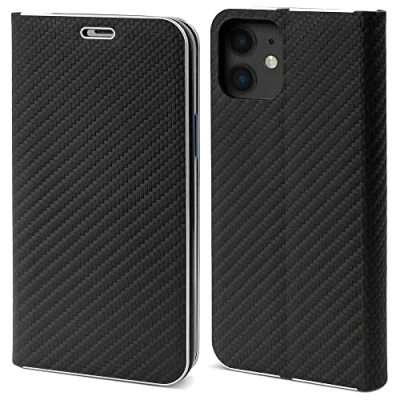 Image de Moozy Coque a Rabat pour iPhone 11, Carbone Noir Protection de Contour Métallique Housse Étui Portefeuille avec Porte Cartes