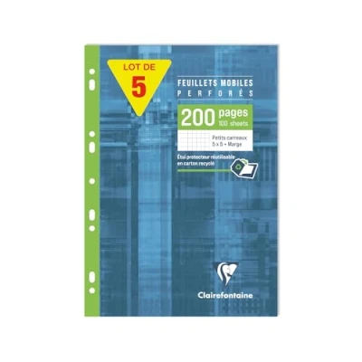 Image de Clairefontaine 17522C Lot de 5 Étuis Feuillets Mobiles Perforés A4 21x29,7 cm 200 Pages Petits Carreaux avec Marge Papier Blanc 90 g Étui Réutilisable