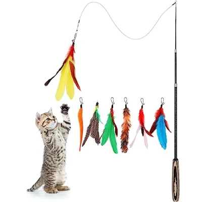 Image de Pawaboo Jouet pour Chat Intéractive avec Plume, Lot de 7 Extensible, Baguette Flottante à Extra Longue 96 CM Petite Cloche, Bâton Amusant Exercice Fil Chaser, Rayures Colorées