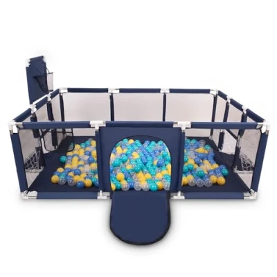 Image de Selonis Parc Bébé Avec 100 Balles Plastiques Aire De Jeu Pliable Basket Football, Bleu Foncé:Turquoise/Bleu/Jaune/Transparent