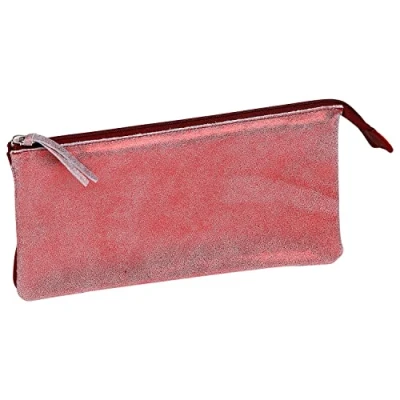 Image de Clairefontaine 410070C Trousse Scolaire Plate, 22x11 cm 2 Compartiments en Cuir d&#039;Agneau véritable une face rouge mat, irisé
