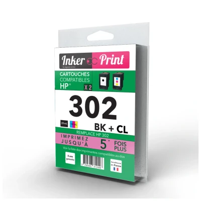 Image de INKER PRINT P R302 Pack de 2 Cartouches d’Encre XL (1 x Noir + 1 Couleur), Compatible avec HP 302 BK CL