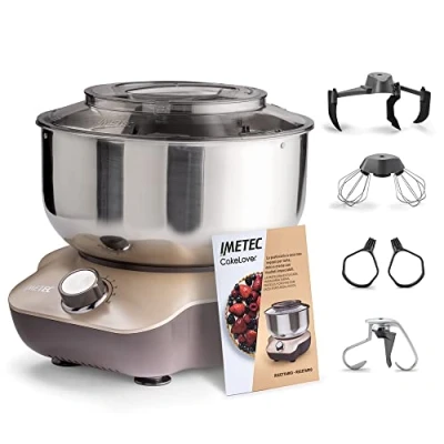 Image de Imetec Cakelover, Mélangeur Planétaire 5 L pour Gâteaux, Crèmes, Pizza, Pain, Pâtes 1500 W, 6 Vitesses, avec Bol en Acier Inoxydable, Double Crochet, Fouets Design Compact, Livre de Recettes Inclus