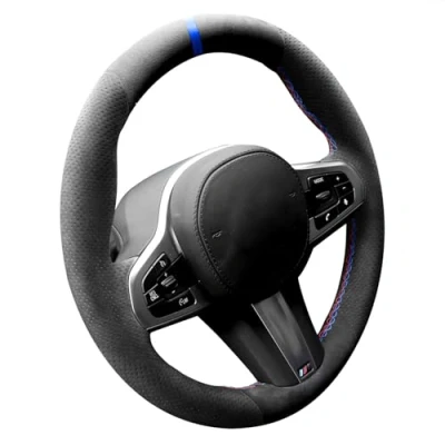Image de Alfanxi Housse de volant en alcantara cousue à la main pour BMW G20 G21 F40 F44 G22 G26 G30 G31 G32 G11 G12 G13 G14 G15 G16 G01 G02 G05 G06 G07 G29 (Rayures bleues)