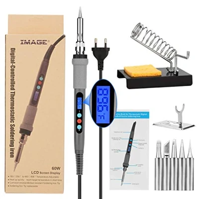 Image de IMAGE Fer à Souder Électronique de Rapide Chauffage 60W 220V Soudure Electrique d’Affichage LCD Température Réglable avec 5 Pannes 180℃ 480℃pour Liège/Cuir/Gravure/Outils Electriques