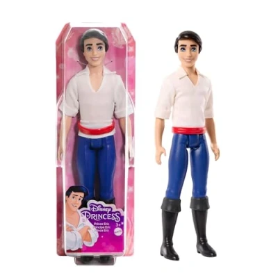 Image de Mattel Princesses Disney Poupée articulée Prince Éric dans sa tenue emblématique avec chemise en tissu, pantalon moulé et bottes moulées, à collectionner, Jouet Enfant, Dès 3 ans, HLV97