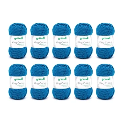 Image de Gründl King Cotton (fil à tricoter et crocheter doux volumineux en 55% polyacrylique 45% coton, 50 g / 78 m, taille des aiguilles : 6 7, 10 x g), bleu moyen