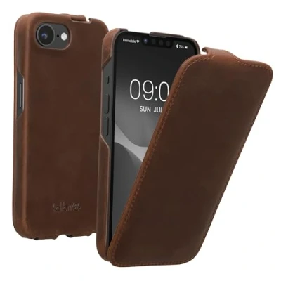 Image de kalibri Housse Rabattable Pochette Ultra Fine Compatible avec Apple iPhone 16e Étui de Protection en Cuir Marron