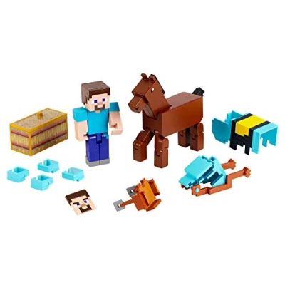 Image de Minecraft figurine articulée Steve 8 cm et cheval en armure, jouet d’action d’aventure pour enfant inspiré par le jeu vidéo, GLC78