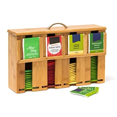 Image de Relaxdays 10019149 Boîte à thé sachets en bambou de rangement 4 compartiments Rectangle Déco H x l P: 22 33,5 10 cm avec anse support stockage couleur naturelle