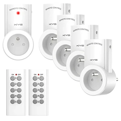 Image de KYG Lot de 5 Prise Télécommandée Programmable, Domotique Sans Fil, Fonction All ON OFF, Deux Télécommandes et Quatre Piles Incluses