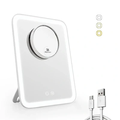 Image de EMKE Miroir cosmétique avec éclairage, 3 Couleurs de lumière et grossissant 1/3x, rotative à 180, Rechargeable par USB, Maquillage grossissement (Blanc)