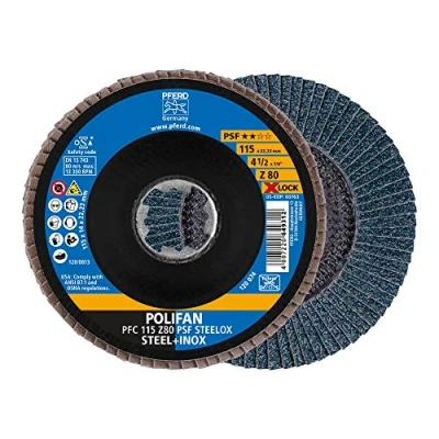Image de PFERD Lot de 10 disques à lamelles Polifan 115 mm Z80 X LOCK (22,23 mm) PSF STEELOX 67668116 pour une grande efficacité grâce coupe agressive bonne durée vie.