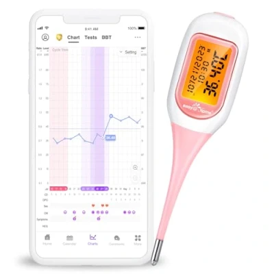 Image de Easy@Home thermomètre basal bluetooth suivi d&#039;ovulation contrôle du cycle avec Premom APP Française (iOS et Android),1/100e de degré, TBC Sync rétroéclairage LCD rose