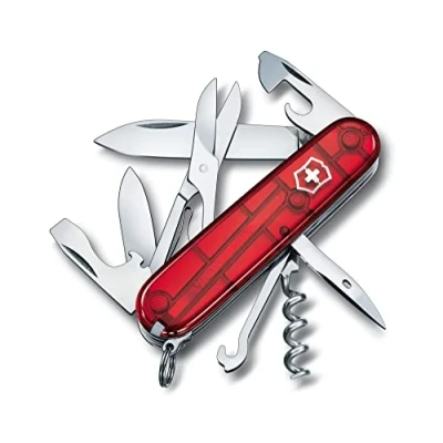 Image de Victorinox Climber Couteau de Poche Suisse, Léger, Multitool, 14 Fonctions, Tire Bouchon, Lame, Ouvre Boite, Rouge Transparent