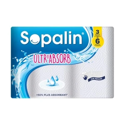 Image de Sopalin Ultr’Absorb 3 Maxi rouleaux 2 fois plus longs = 6 classiques 50% absorbant Demi feuilles Papier certifié FSC Mixte (C017535)