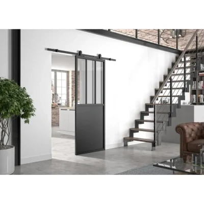 Image de OPTIMUM Kit porte coulissante ATELIER noir + rail apparent 204 x 93 cm verre transparent