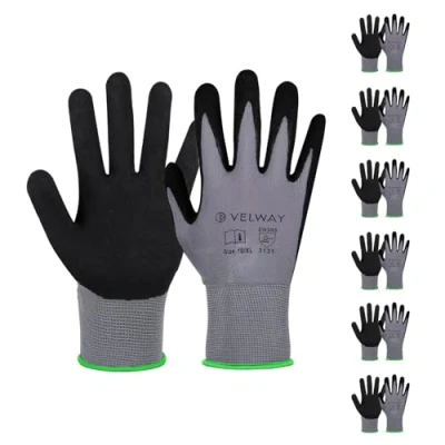 Image de Velway Gants de Travail Hommes Femmes 6 Paires Jardinage Enduction Nitrile Résistante à l&#039;Abrasion Polyvalent pour Industrielle Multiusage Manutention et Mécanique Taille 8/M