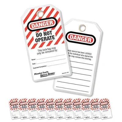 Image de Master Lock 497A Etiquette de Sécurité &quot;Danger Do not Operate&quot; pour consignation des installations mécaniques ou électriques, pack 12 avec attaches