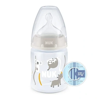 Image de NUK First Choice+ Biberon en silicone avec contrôle de la température, anti colique, 150 ml, sans BPA, tétine silicone, safari (beige)