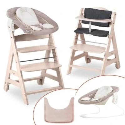 Image de hauck Chaise Haute Bébé Beta Plus (Lot 5 Pièces) Évolutive dès Naissance avec Transat Nouveau Né Inclinable Newborn Set, Tablette Repas, Coussin et Réducteur Bois Clair Stretch Beige