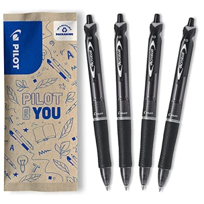Image de PILOT Lot de 4 stylos Acroball Stylo bille à encre ultra douce pour une fluidité d’écriture inégalée rechargeable et rétractable en plastique recyclé noir Pointe moyenne