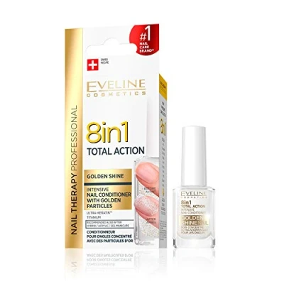 Image de Eveline Cosmetics 8in1 Sérum Concentré Pour Ongles Total Action Conditionneur + Renforçateur Durcisseur Avec Particules D&#039;or 12ml Traitement Réparateur Application Facile Effet Scintillant