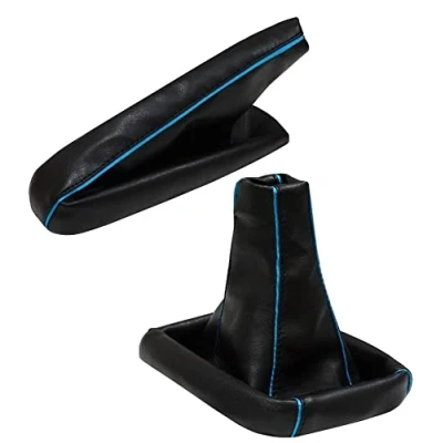 Image de AERZETIX: Soufflet de Levier Vitesse et Frein à Main en Simili Cuir Noir Bordure Bleue