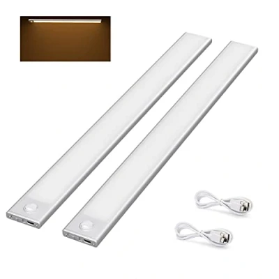 Image de Klighten 2 Pcs Lampe de Placard 73 LED 40cm Sans Fil, Rechargeable par USB, Aimanté, Détecteur Mouvement, 3 Modes d’Éclairage, Portable, Lumière Placard, Blanc Chaud 3000K, Argent