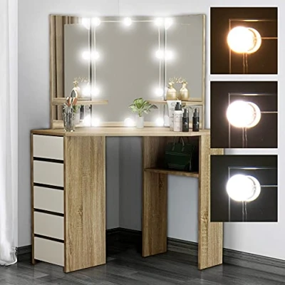 Image de ML Design Coiffeuse Moderne Blanc Sonoma 110x141,5x54 cm avec Éclairage LED, 3 Miroirs, 5 Tiroirs, Étagères de Rangement, Bois MDF, Table Maquillage Toilette, Commode Cosmétique Chambre Salon