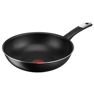 Image de Tefal C38819 Hard Titanium Essential Poêle wok 28 cm Revêtement antiadhésif avec particules de titane Indicateur température Passe au lave vaisselle Fabriqué en France Noir