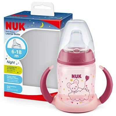 Image de NUK First Choice+ Learning Bottle Learner Cup Night 6 18 mois 150 ml Valve anti colique Bec fuite Effet lumineux Poignées ergonomiques Sans BPA Rose